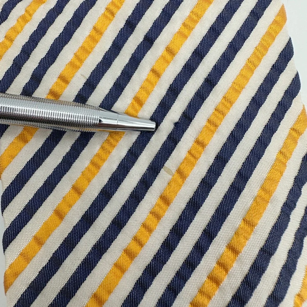 Harold Powell Seersucker Necktie Mens Navy Yellow Repp Striped Silk USA 58x3.5